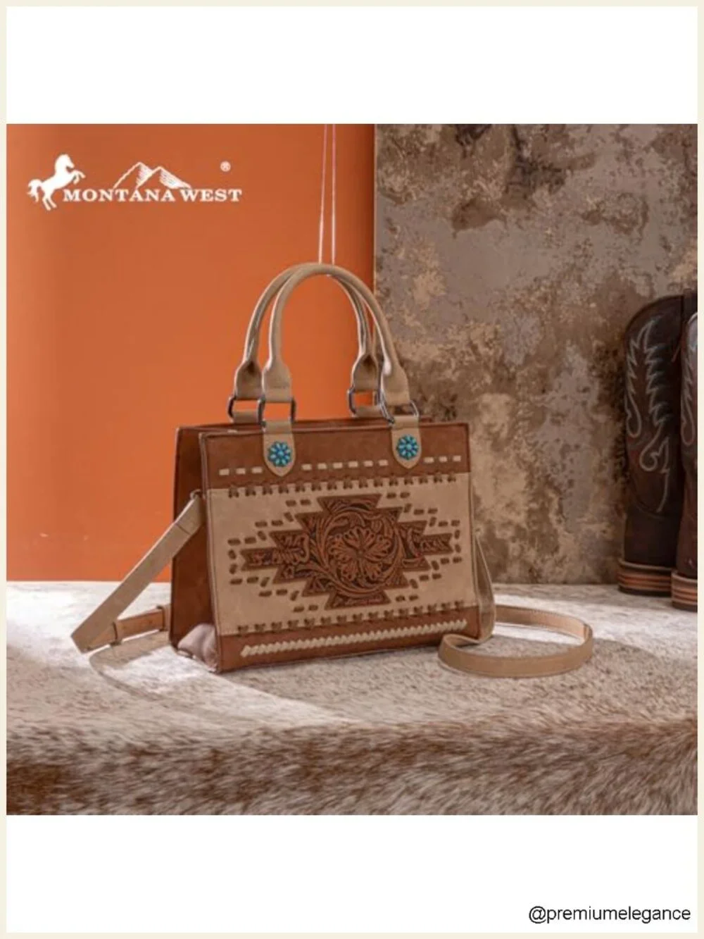 Western Tooling Top Handle Purse with Floral Engraving Turquoise Accents Faux
